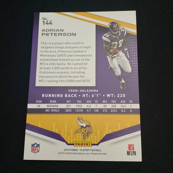 Adrian Peterson - 2019 Paninj playoff football #144 - Picture 2 of 2
